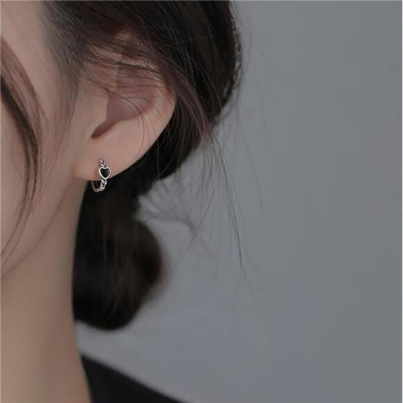 Solid 925 Sterling Silver Black Heart Hoop Earrings for Women Teens - Picture 3 of 7